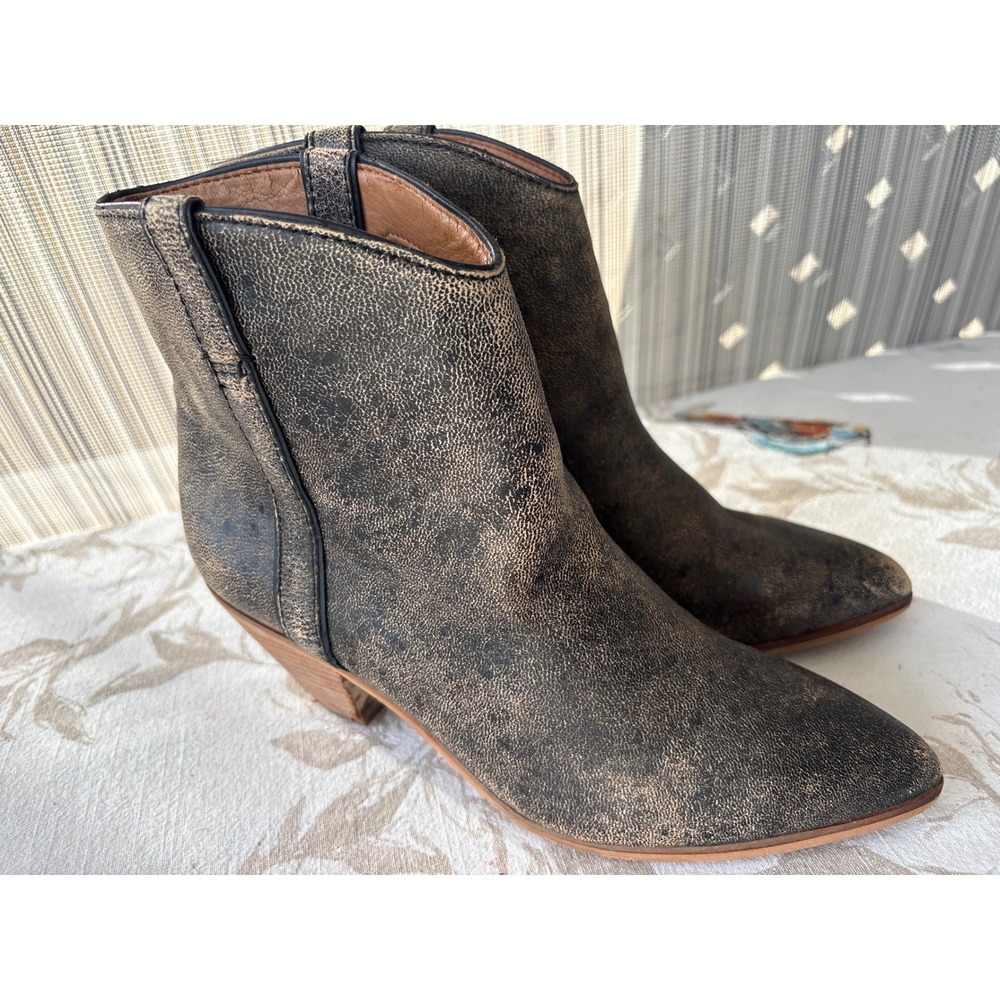 Frye and Co Jacy Western Ankle Boots Distressed Black Gold Metallic Pointed Toe